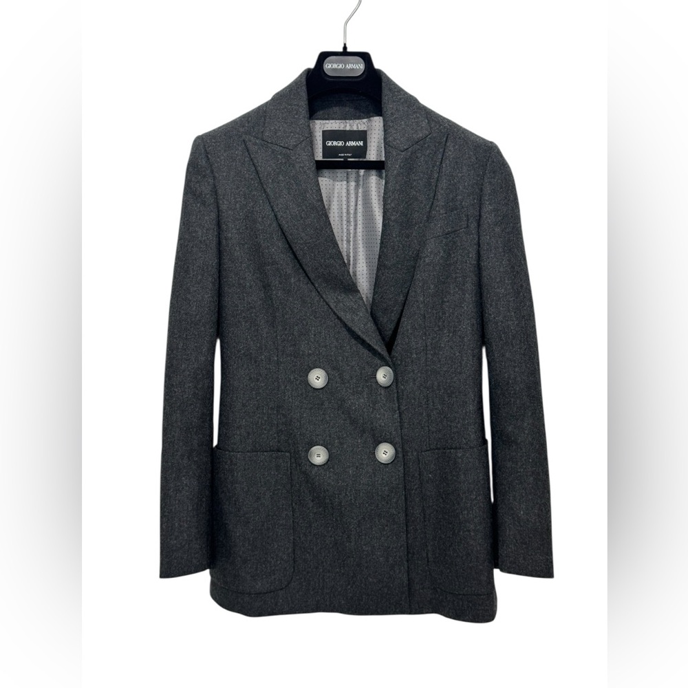 Giorgio Armani Black Label, Charcoal Gray Double-Breasted Wool Blazer, Size US 2